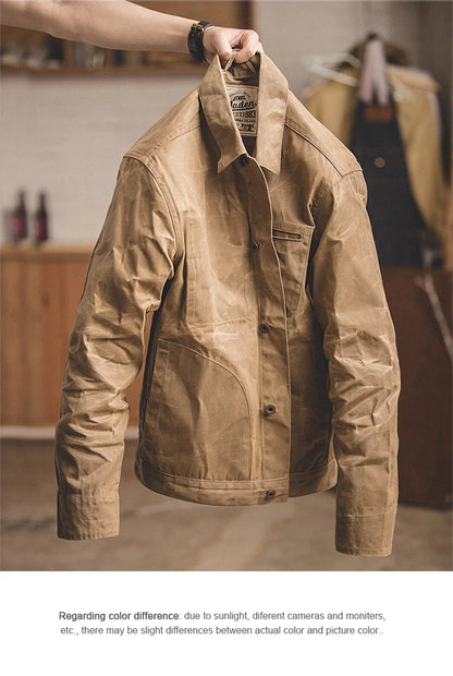 Maden Vintage Men's Canvas Oil Wax Jackets Khaki Multi-pocket Lapel Collar Single-breasted Jacket Windbreaker for Male Outwear