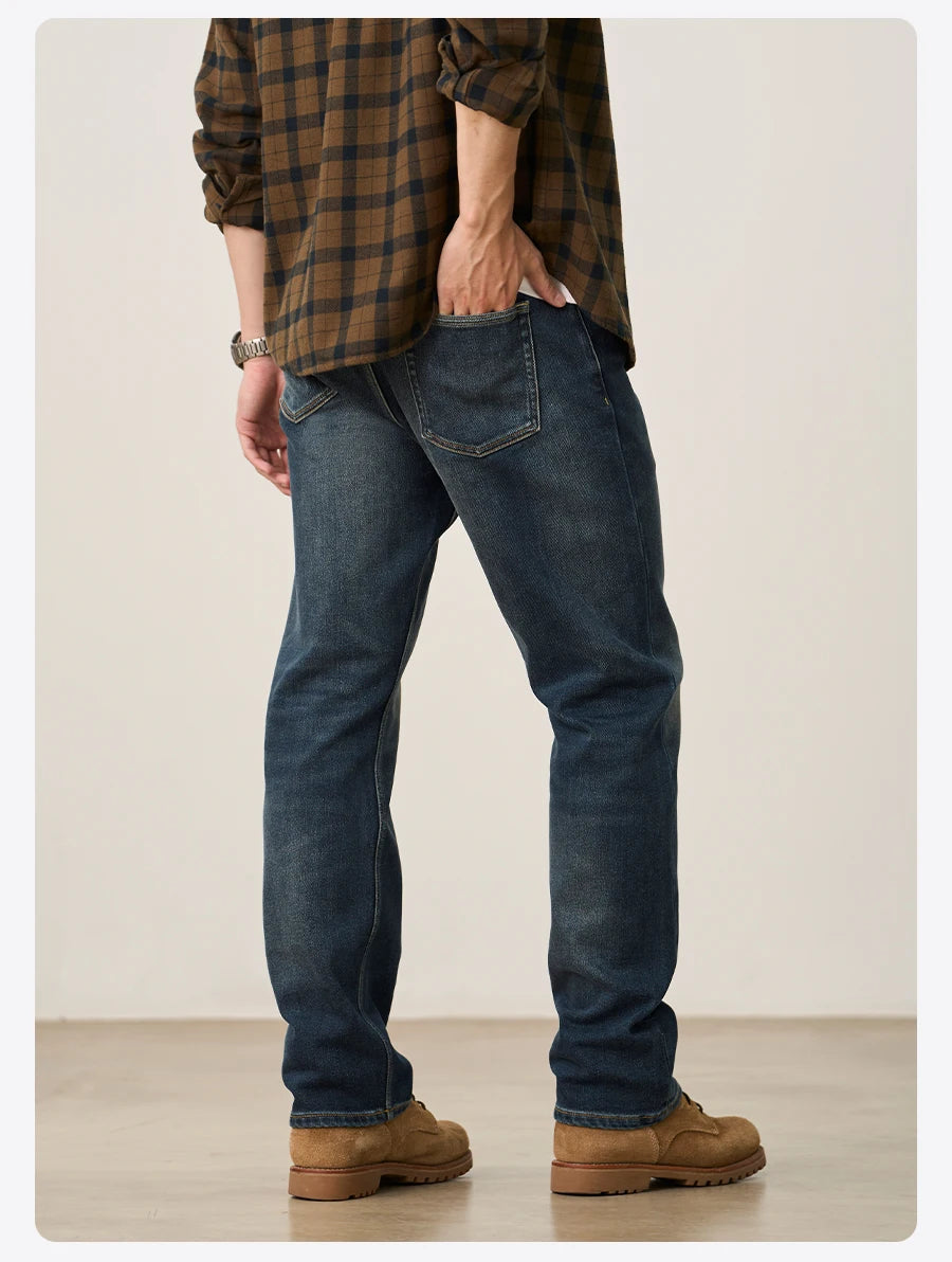 SIMWOOD 2026 Spring New 15oz Warm Micro Fleece Lining Jeans Men Loose Straight Plus Size Denim Trousers