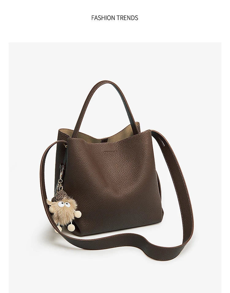 FOXER Soft Leather Bucket Bag for Women Simple Genuine Leather Shoulder Bag Female Casual Handbag Daily Work Crossbody Purse