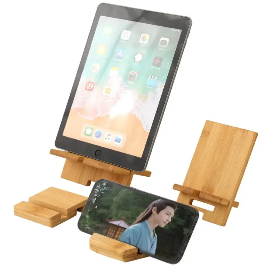 Habicare 9eight5 bamboo phone stand with adjustable support, showcasing a sleek, eco-friendly design for hands-free device use.