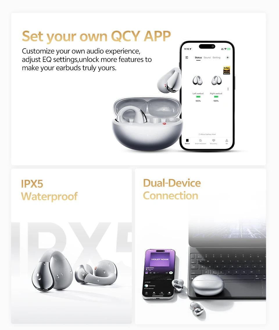 QCY Crossky C30S Wireless Earphones - Hi-Res LDAC Open Ear Clip-On Bluetooth 6.0 Sports Headphones with 40H Battery Life - ShopHub