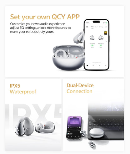 QCY Crossky C30S Wireless Earphones - Hi-Res LDAC Open Ear Clip-On Bluetooth 6.0 Sports Headphones with 40H Battery Life - ShopHub