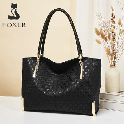 FOXER Genuine Leather Lady's Handbag Elegant Luxury Design Women Shoulder Bag Large Capacity Tote Bag Best Gift for Mom,Wife