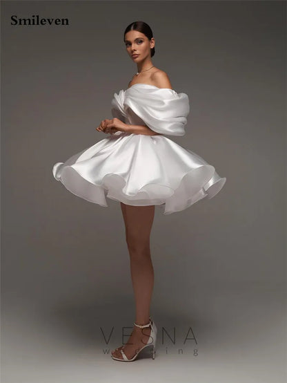 Smileven A Line Soft Satin Off The Shoulder Short Wedding Dress