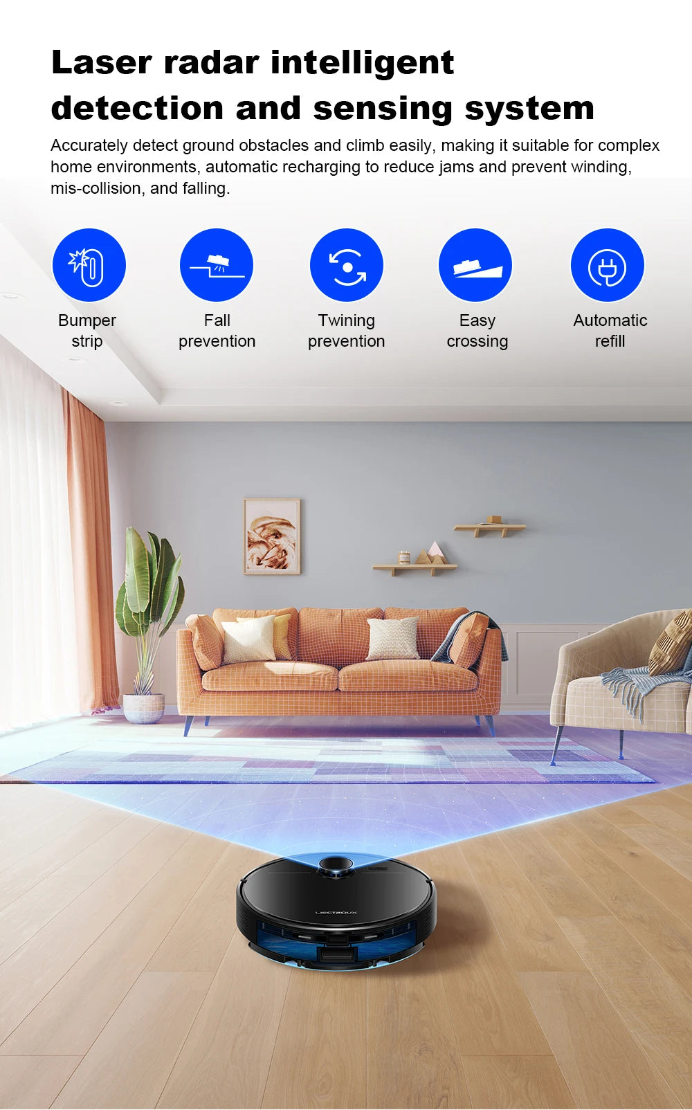 Liectroux M70 Pro robot vacuum cleaner and mop on a hardwood floor, showing its sleek design and cleaning brushes.
