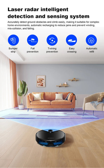 Liectroux M70 Pro robot vacuum cleaner and mop on a hardwood floor, showing its sleek design and cleaning brushes.