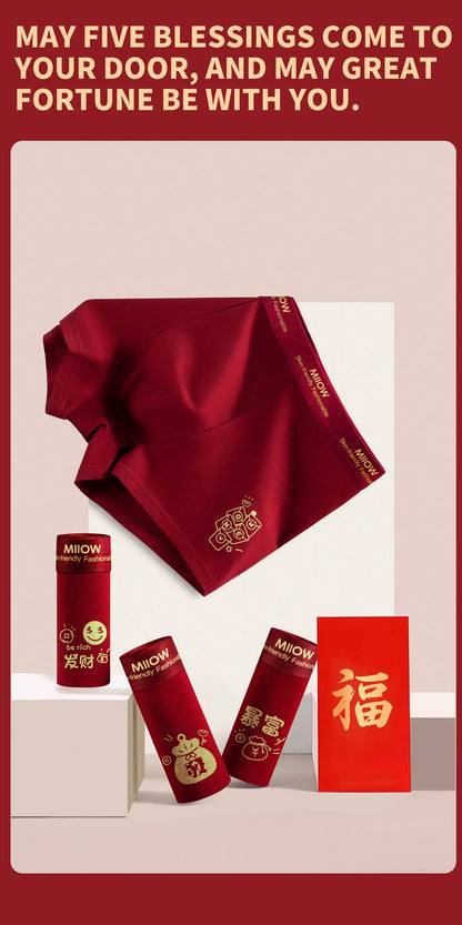 MiiOW 3Pcs Men's Antibacterial Cotton Boxers Lucky Red Breathable Underwear - ShopHub