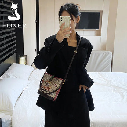 FOXER PU Leather Stylish Women's Dating Handbag Premium Commuter Messenger Shoulder Bag Lady Office Prints Bucket Crossbody Bags