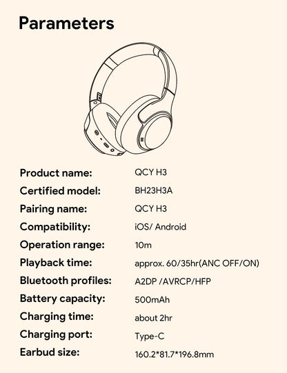 QCY H3 Wireless Headphones with Hybrid Active Noise Cancellation and 60Hrs Playtime, Hi-Res Audio, Bluetooth 5.4 Over Ear Design - ShopHub