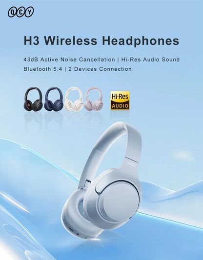 QCY H3 Wireless Headphones with Hybrid Active Noise Cancellation and 60Hrs Playtime, Hi-Res Audio, Bluetooth 5.4 Over Ear Design - ShopHub