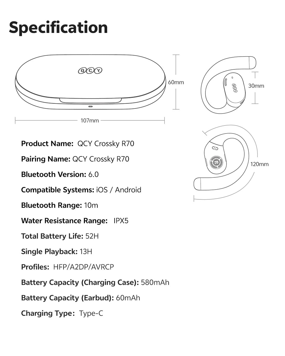 QCY Crossky R70 Wireless Headphones - Hi-Res Open-Ear Bluetooth 6.0 Earhooks with Bass Boost - ShopHub