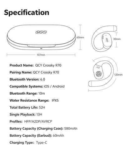 QCY Crossky R70 Wireless Headphones - Hi-Res Open-Ear Bluetooth 6.0 Earhooks with Bass Boost - ShopHub