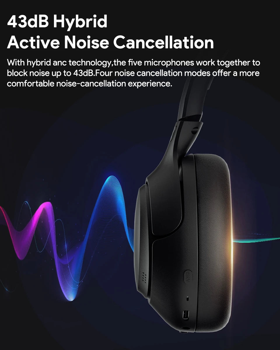 QCY H3 Wireless Headphones with Hybrid Active Noise Cancellation and 60Hrs Playtime, Hi-Res Audio, Bluetooth 5.4 Over Ear Design - ShopHub
