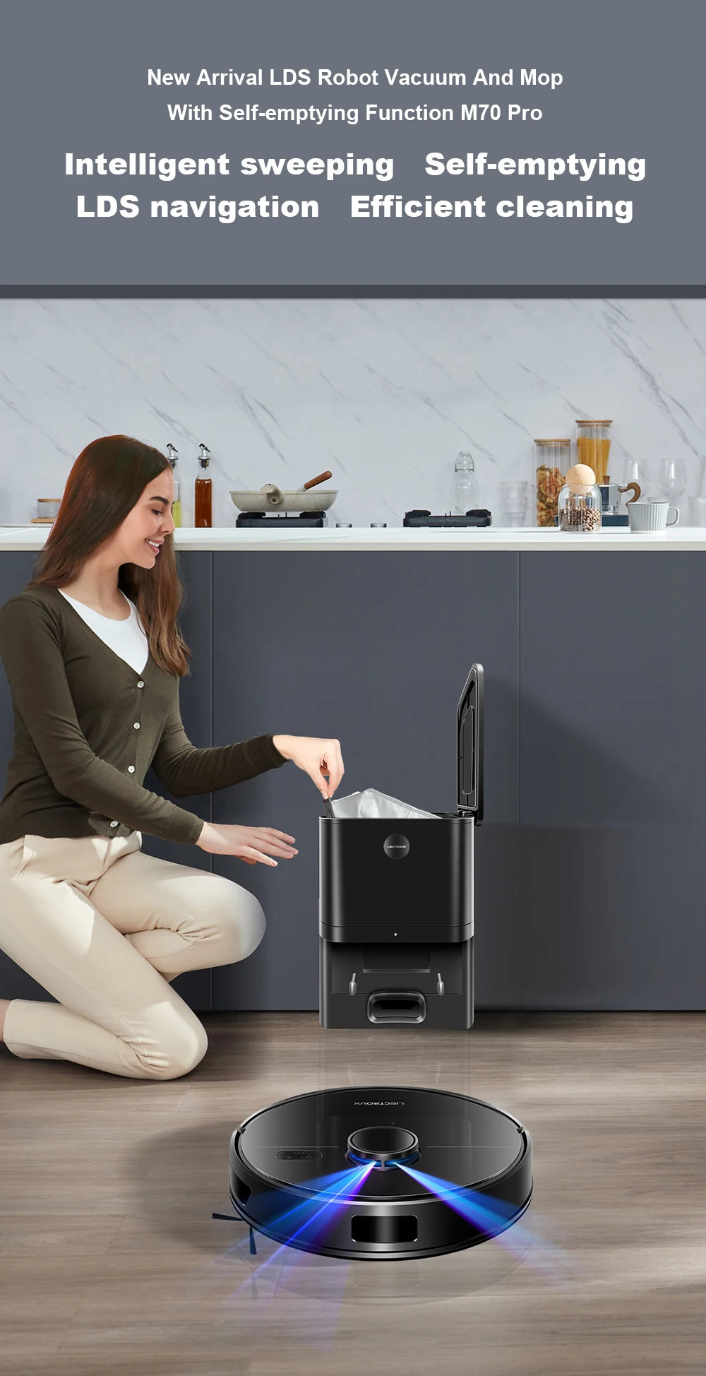 Liectroux M70 Pro robot vacuum cleaner and mop on hardwood floor with dustbin and navigation sensors visible.