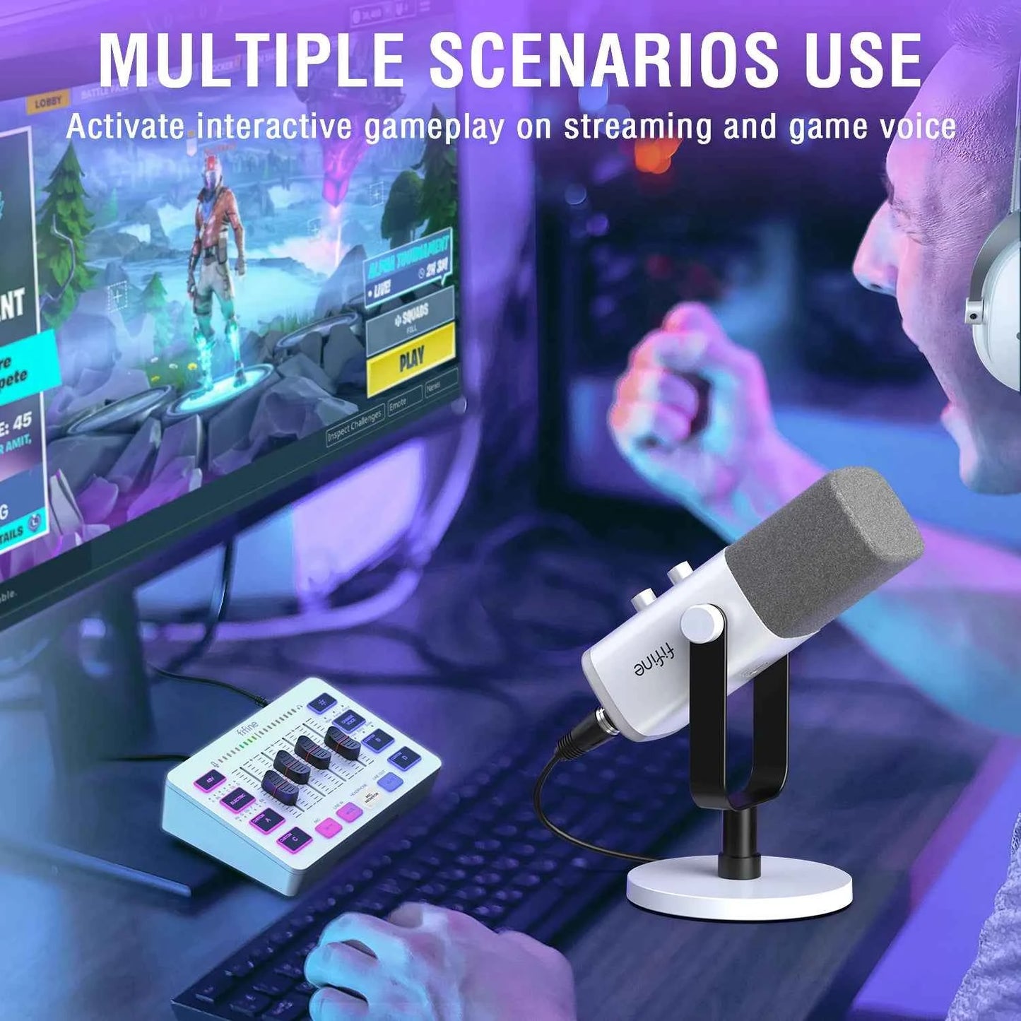 FIFINE RGB Streaming Podcast Kit with Dynamic Mic & Audio Mixer for Gaming/Recording/Live Streaming, Instant Audio Control- KS5W
