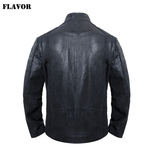 FLAVOR Men's Black Leather Zip-Detail Jacket