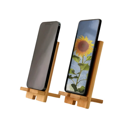 Habicare 9eight5 bamboo phone stand displaying a sleek, eco-friendly design for hands-free phone use on a flat surface.