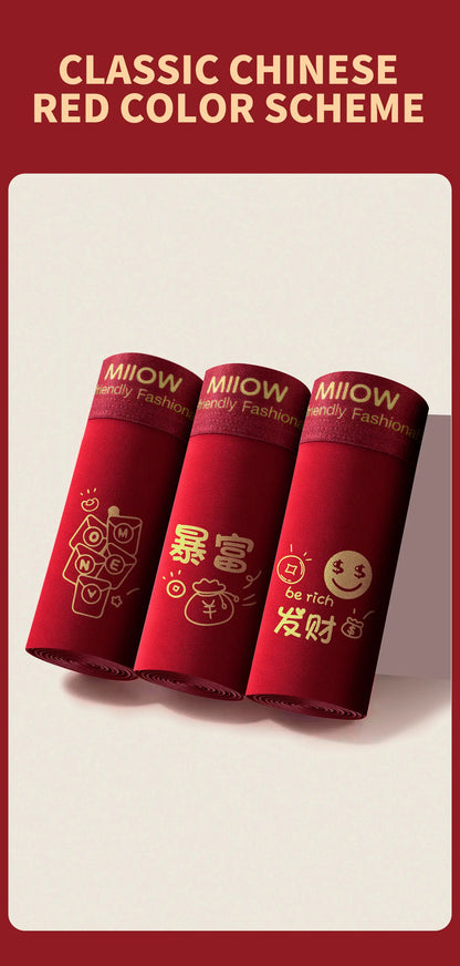 MiiOW 3Pcs Men's Antibacterial Cotton Boxers Lucky Red Breathable Underwear - ShopHub
