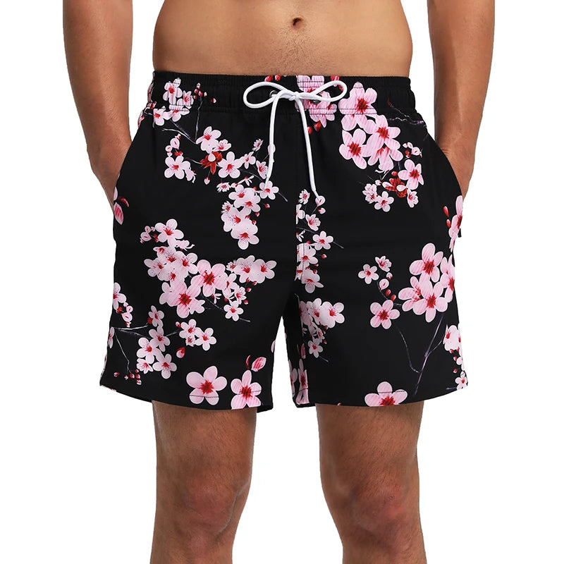Men's breathable polyester summer boardshorts with elastic waist, mesh lining, side pockets, suitable for gym and beach activities.