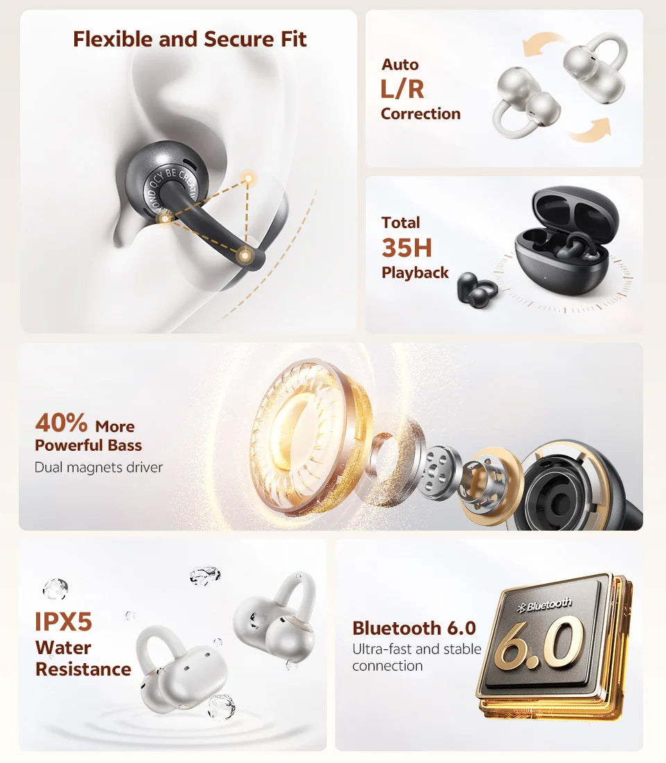 QCY CT06 Open Ear Wireless Earbuds with 4-Mic Calls and Bass Boost - Bluetooth 6.0 Clip-On Sports Headphones with 35 Hours Playtime - ShopHub
