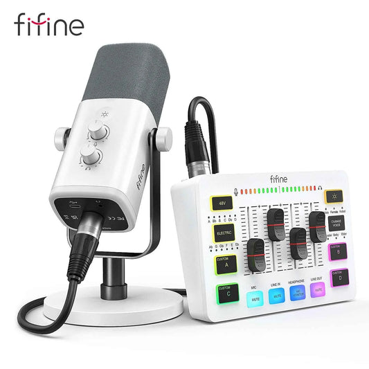 FIFINE RGB Streaming Podcast Kit with Dynamic Mic & Audio Mixer for Gaming/Recording/Live Streaming, Instant Audio Control- KS5W