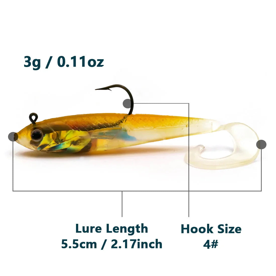 Habicare soft fishing lures with lead head jigs for bass and trout, in various colors and quantities, on a white background.