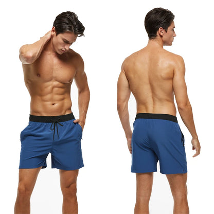 Men's summer swimming shorts by ShopHub NZ, breathable polyester with spandex, quick-dry fabric, solid color, with pocket and mesh lining.