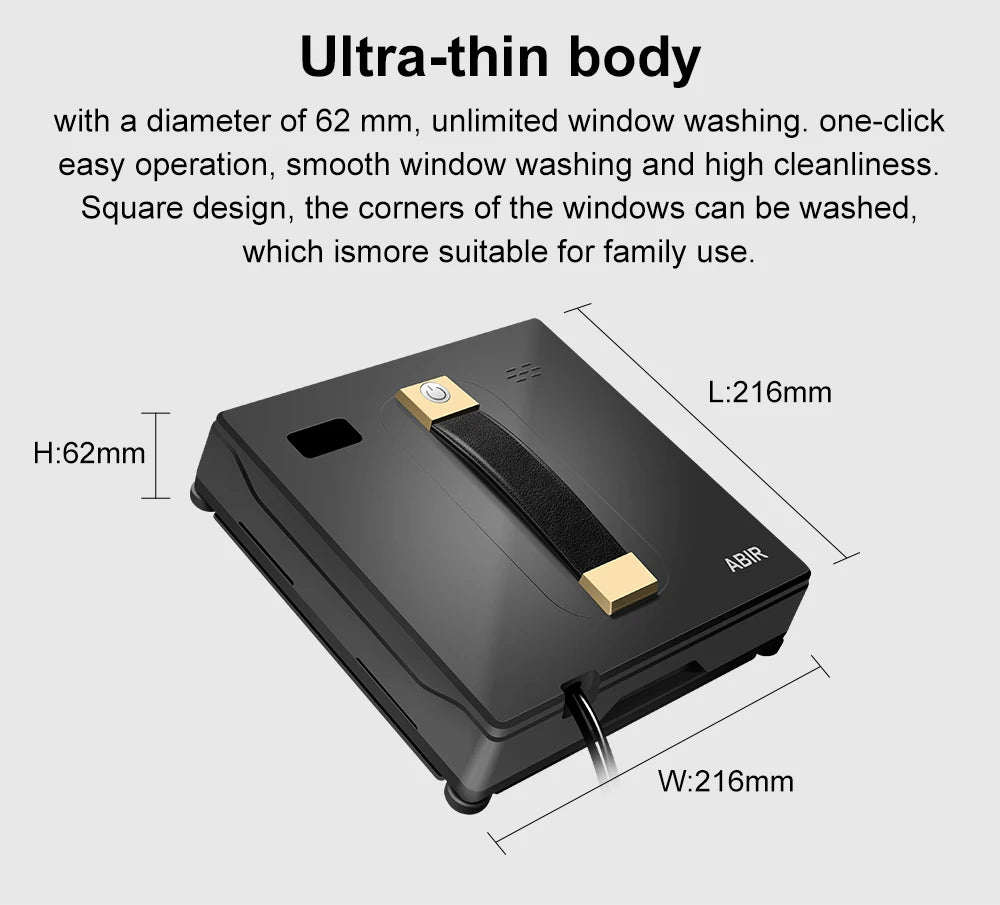 ABIR WD8 robot window cleaner from ShopHub NZ shown on glass, with sleek design and cleaning pads for streak-free windows.
