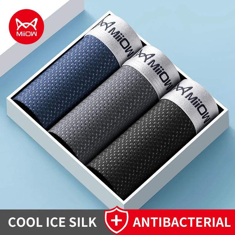 MiiOW Ice Silk Men's Underwear - 3Pcs Breathable Mesh Antibacterial Boxer Briefs - ShopHub