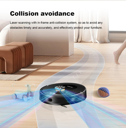 Liectroux T9 robot vacuum cleaner in action, showcasing its sleek design and cleaning brushes for efficient home floor cleaning.