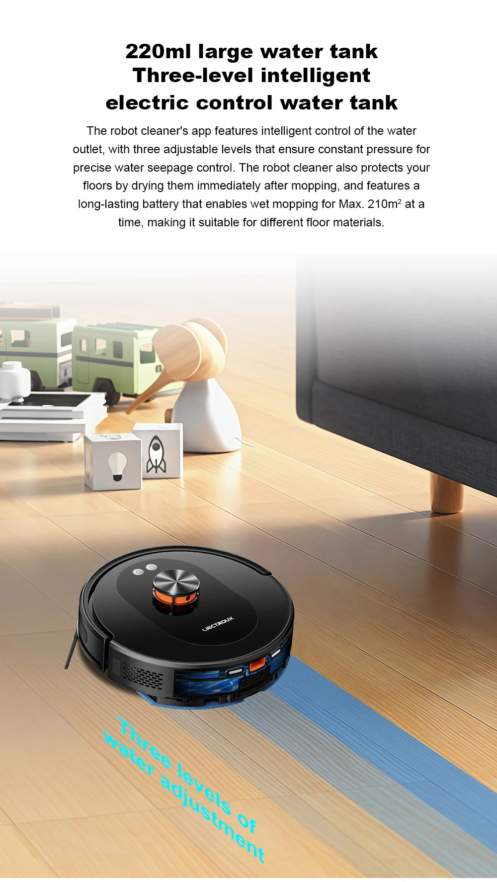 Liectroux T9 robot vacuum cleaner navigating a hardwood floor, featuring a sleek design and modern cleaning technology.