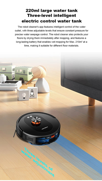 Liectroux T9 robot vacuum cleaner navigating a hardwood floor, featuring a sleek design and modern cleaning technology.