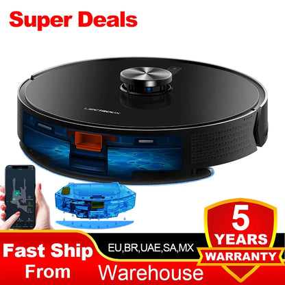 Liectroux Lilin X6 robot vacuum cleaner on hardwood floor, showing sleek design and navigation sensors.