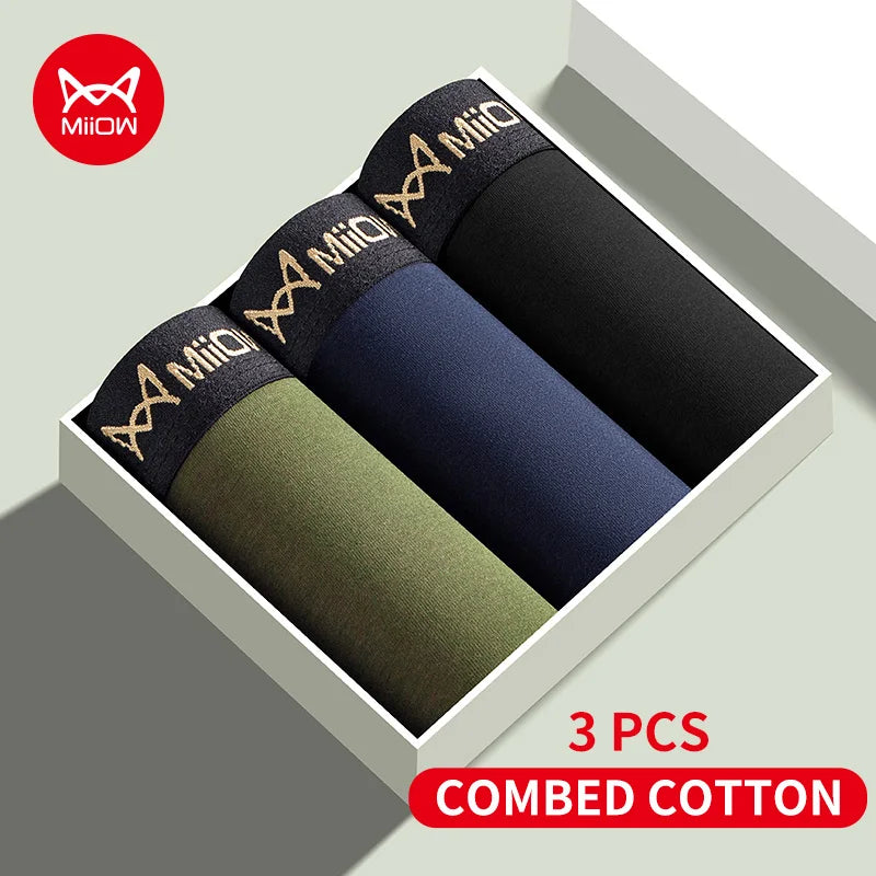 MiiOW 3Pcs Men's Antibacterial Boxer Underwear - Cotton Breathable Mesh Crotch Plus Size Boxershorts - ShopHub