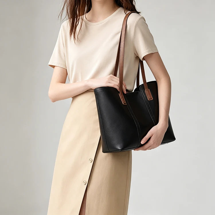FOXER Soft Leather Handbag Women's Shoulder Bag Cowhide Leather Female Tote Bag Commute Large Capacity Luxury Bucket Bag Purse