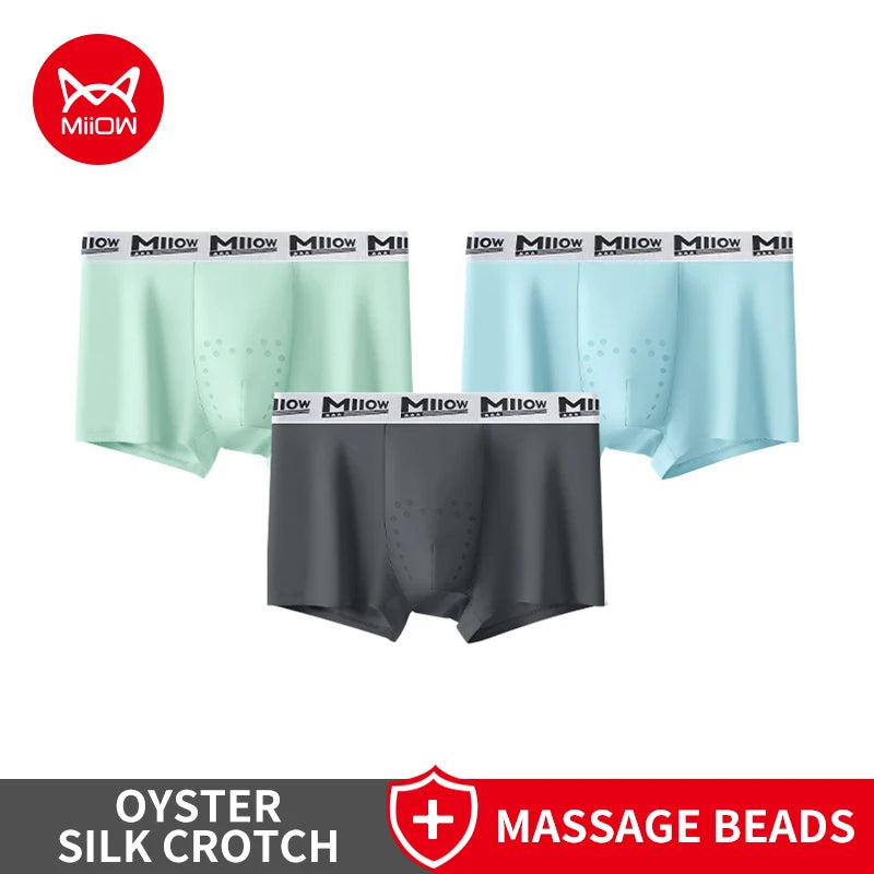 MiiOW 3Pcs Men's Breathable Underwear Ice Silk 10A Antibacterial Boxershorts with 101 Massage Beads - ShopHub