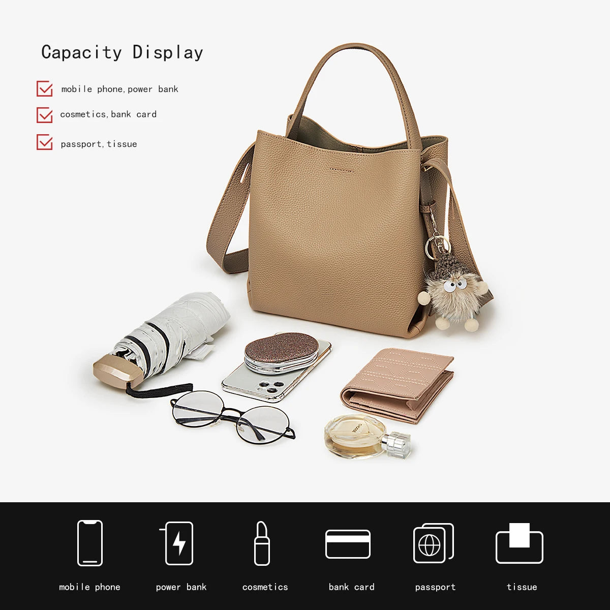 FOXER Soft Leather Bucket Bag for Women Simple Genuine Leather Shoulder Bag Female Casual Handbag Daily Work Crossbody Purse