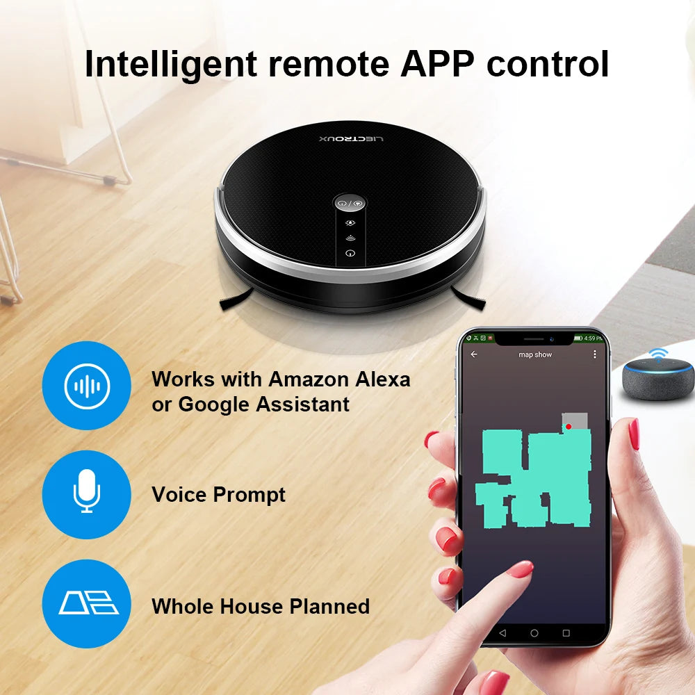 LIECTROUX LILIN C30B robot vacuum cleaner in a modern living room, showcasing its sleek design and cleaning features