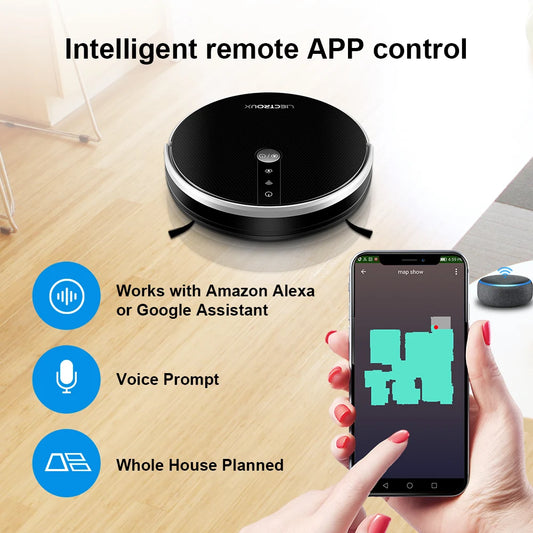 LIECTROUX LILIN C30B robot vacuum cleaner in a modern living room, showcasing its sleek design and cleaning features