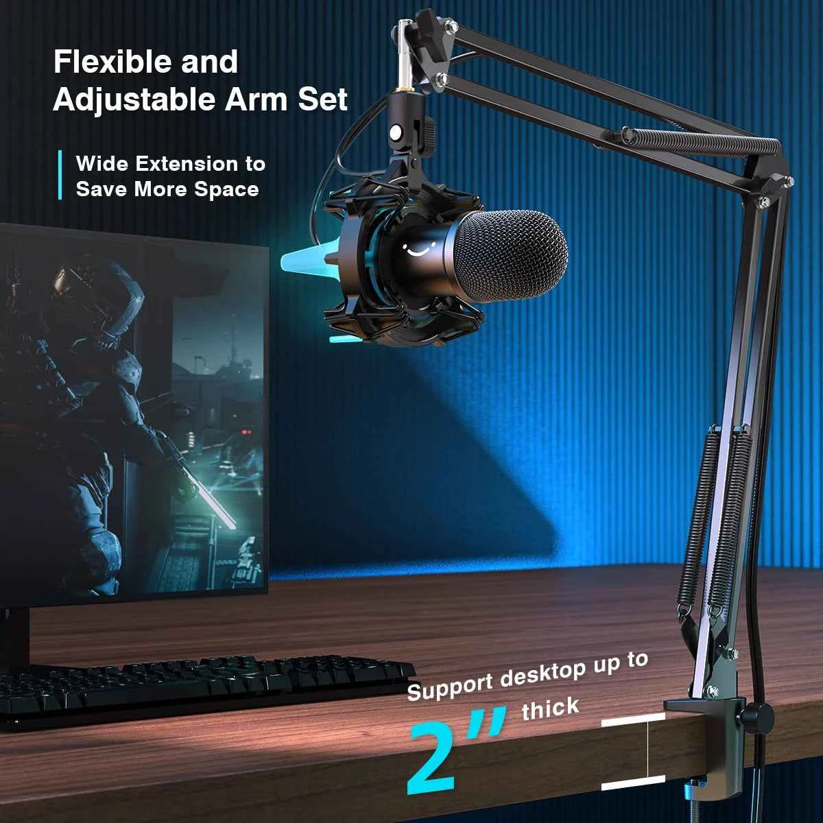 FIFINE USB Dynamic Microphone Kit with Boom Arm,RGB Shock Mount,Cardioid Mic Set for Game Podcast Stream for PC PS4 PS5-K651