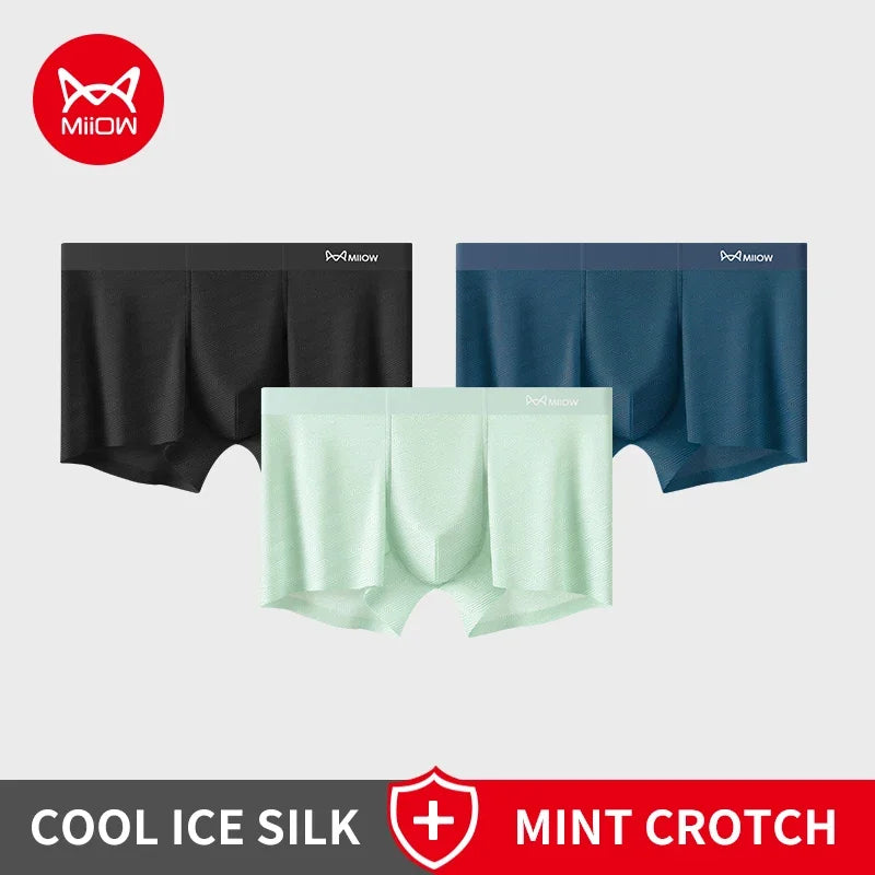MiiOW Silky Ice Silk Men's Underwear - 3Pcs Antibacterial Seamless Breathable Boxers - ShopHub