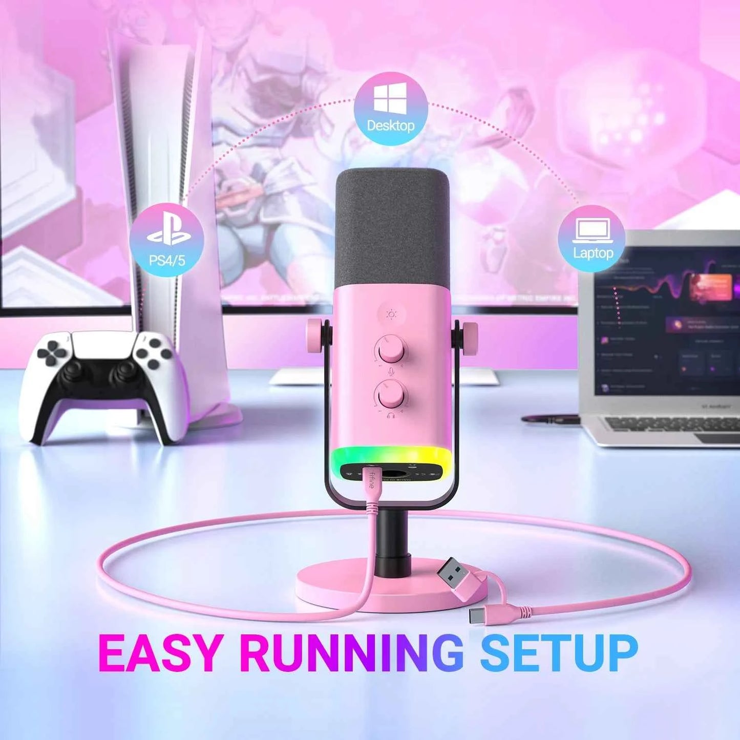 FIFINE USB/XLR Dynamic Microphone with RGB Control/Headphone Jack/Mute,MIC for PC Gaming YouTube Live-Streaming AmpliGame-AM8P