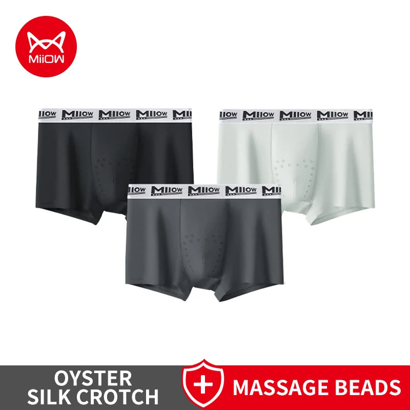 MiiOW 3Pcs Men's Breathable Underwear Ice Silk 10A Antibacterial Boxershorts with 101 Massage Beads - ShopHub