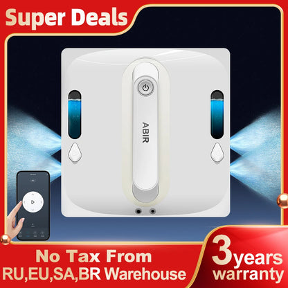 ABIR WD9-4-Way Robot Window Cleaner from ShopHub NZ cleaning glass with four-way movement, shown on a large window.