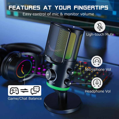 FIFINE USB Gaming Microphone with Noise Cancellation/RGB/Gain&Balance Knob,Condenser Mic for Streaming Podcasting-Ampligame AM6