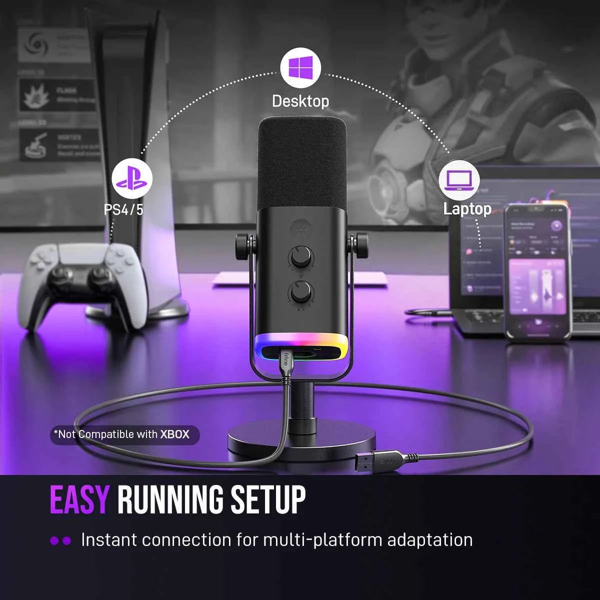 FIFINE USB/XLR Dynamic Microphone with RGB Control/Headphone jack/Mute,MIC for PC Gaming Recording Streaming AmpliGame-AM8