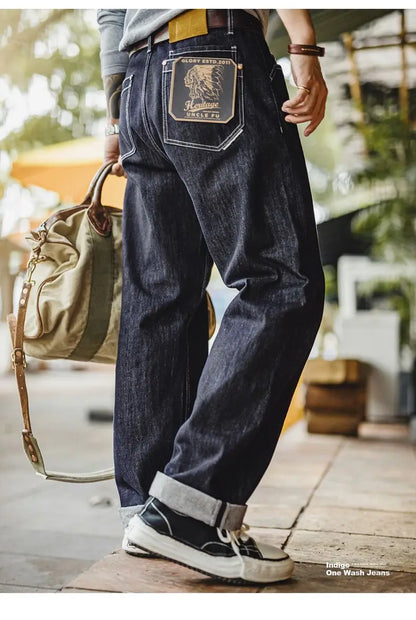 Maden Men's Vintage 12oz Washed Denim Jeans