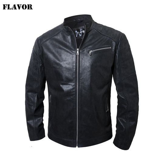 FLAVOR Men's Black Leather Zip-Detail Jacket