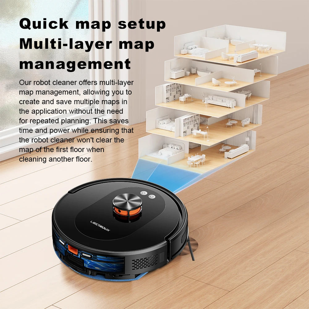 Liectroux T9 robot vacuum cleaner from ShopHub NZ navigating a hardwood floor with its sleek design and cleaning brushes visible