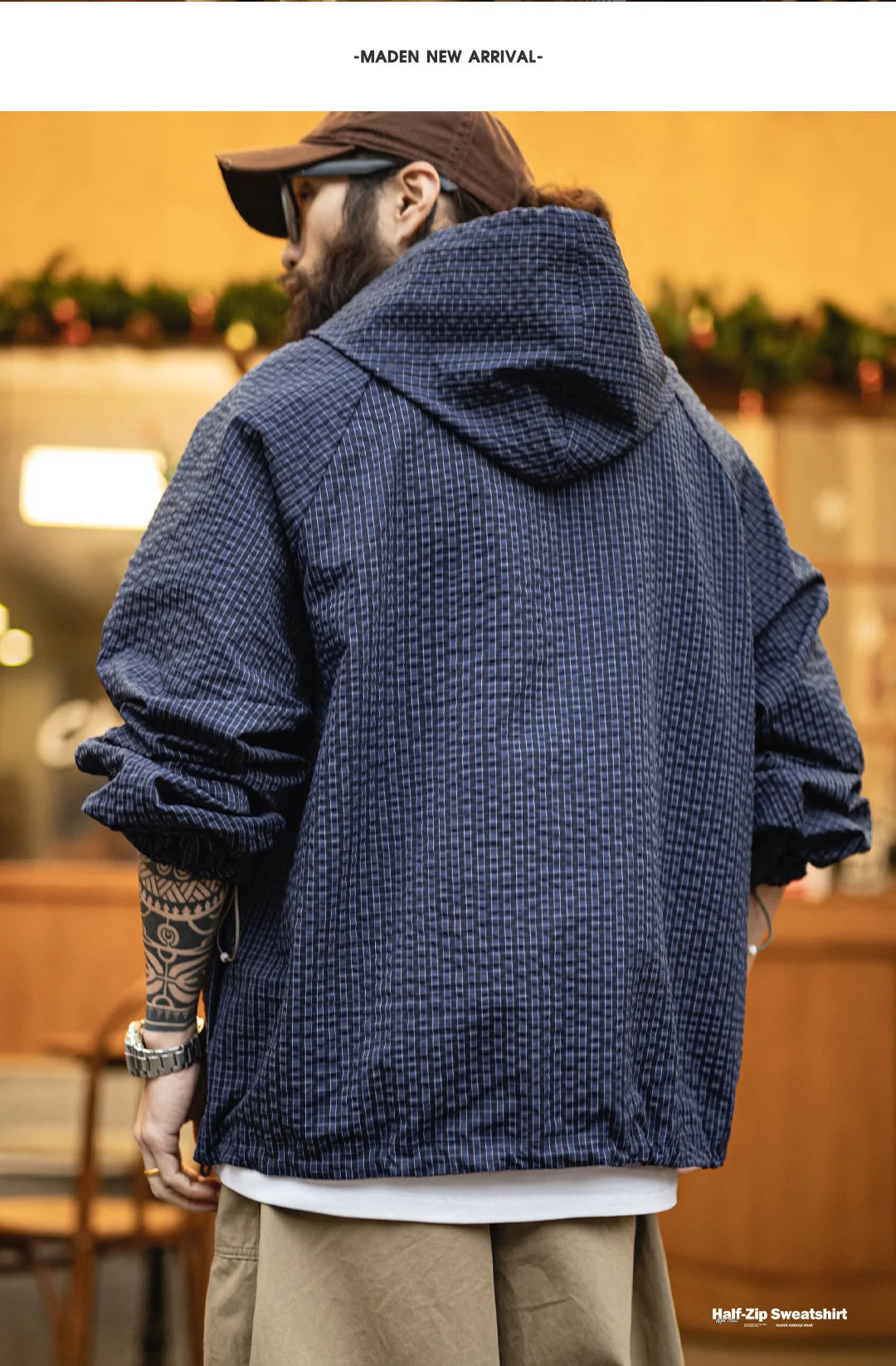Maden Men's Textured Seersucker Half Zip Hoodie Lightweight Outdoor Pullover Jacket Casual Streetwear Blue Spring Sweatshirt